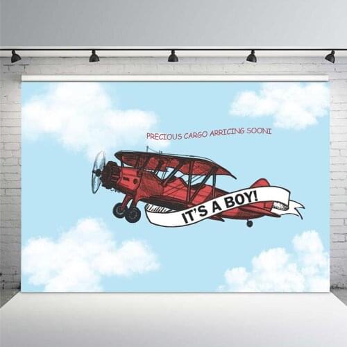 Neoback Newborn Baby Shower Photo Background Blue Sky and Airplane Party Decoration Banner Hot Air Balloon Backdrops
