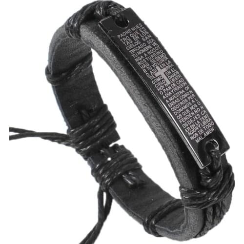 Kirykle Carving Scripture Cross Leather Bracelet Adjustable Bangle Hand-Knitted Bracelet Religious Belief Jewelry