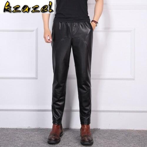 Men Tide Genuine Leather Pants Korean Leisure Slim Leather Feet Pants Male Harem Pants Natural Sheep Skin Elastic Waist Trousers