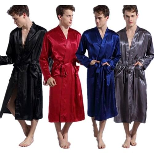 Wholesale Mens Satin Robe Solid Long Bathrobe Sleepwear Male Nightgown Leisure Loungewear Gown T40