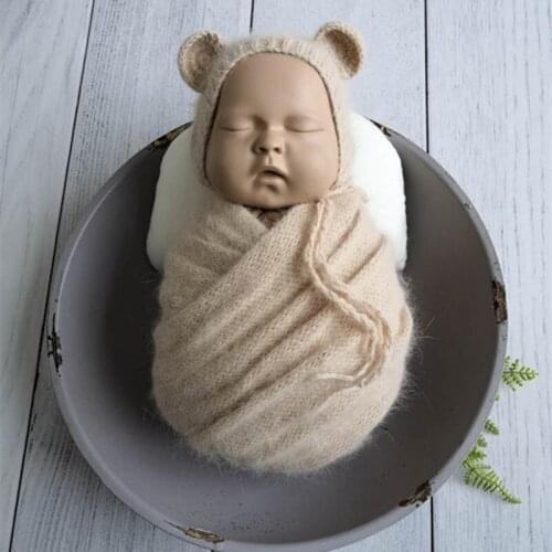 Cream Fluzzy Teddy Bear Hat And Stretch Wrap Set Newborn Stretch Knit Wrap Photography Props Baby Swaddle Blanket Soft Bear Hat