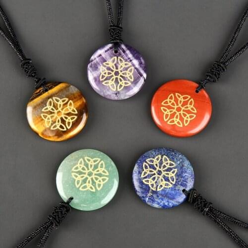 Natural Crystal Stone Round Shape Carved Triqueta Symbol Pendant Necklace Religion Jewelry