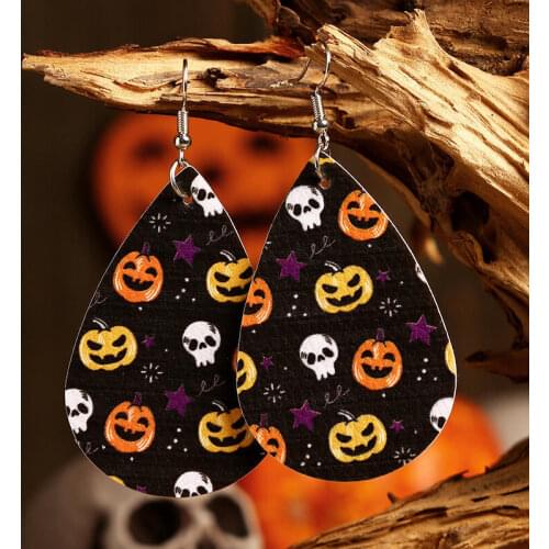 2021 New Vegan Leather Teardrop Halloween Earrings for Women Fashion Bat Pumpkin Lantern Print Earring All Hallows Day Jewelry