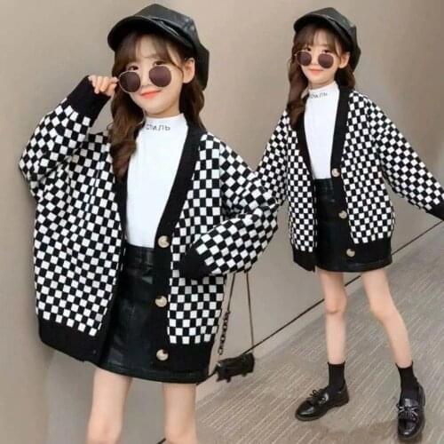 4-15 Years Unisex Teeange Kids Plaid Cardigan Sweater For Girls V Neck Button Knitted Sweater Coat Boys Loose Outerwear Jacket