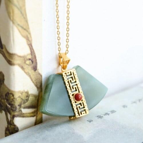 Natural Hetian Jasper geometric fan-shaped Pendant Necklace Chinese retro palace style designers unique craft silver jewelry