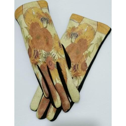 Flower Embroidery Cashmere Feeling Gloves Women Sunflower Print Wool Velvet Touch Screen Mittens Femme Winter Warm Driving Glove