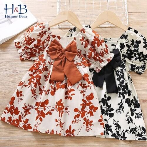 Humor Bear Girls Dress 2021 Summer Puff-Sleeve Floarl Printed Bow Princess Dress Toddler Kids Clothes For 1-5Y
