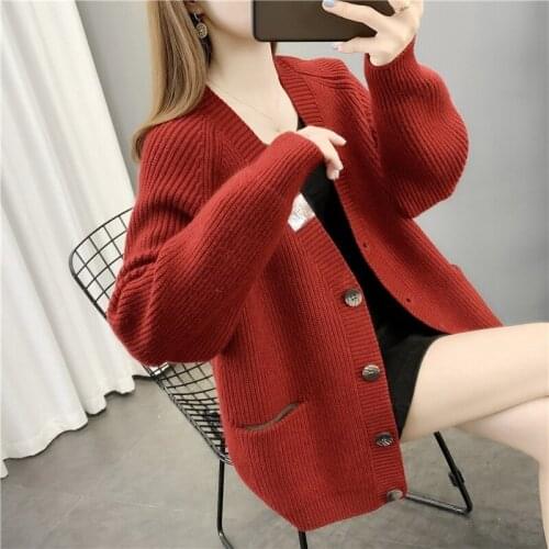 Sweaters Women Single Breasted Solid Full Sleeve Office Lady Female Cardigans Button V-Neck Loose-fitting Femme Coats S0255