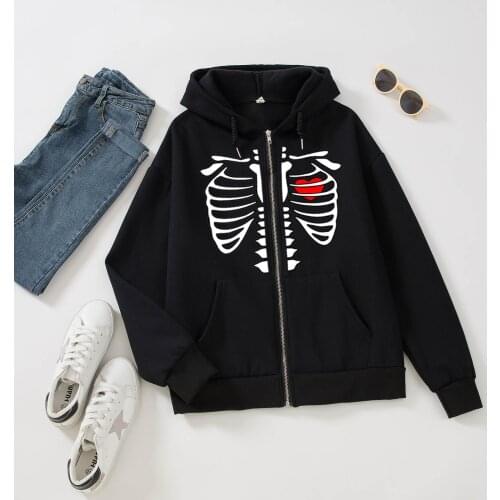 Y2K Harajuku Loose Skull Print Goth Zip-up Women Hoodie Long Sleeve Fleece Plus Size Drawstring Crewneck Sweatshirt Coats Cotton