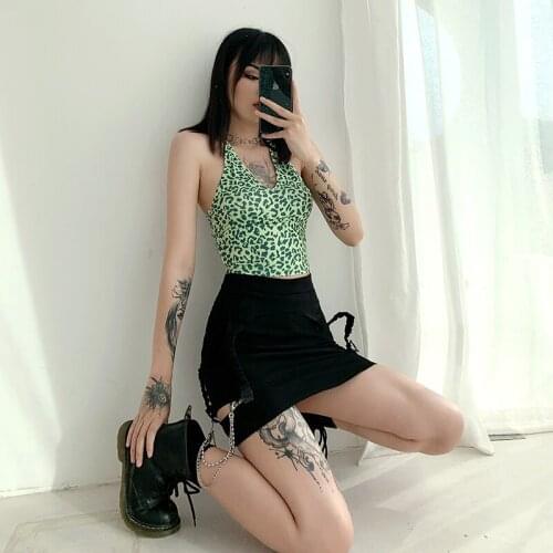 Fashionable Personality Leopard Print Halterneck Vest Off-shoulder Backless V-neck Slim Crop Top Green Tops for Women