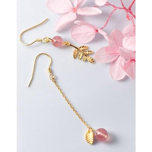 MloveAcc Genuine S925 Sterling Silver Gold Color Asymmetry Long Leaf Drop Earrings Women Lady Sweet Gift