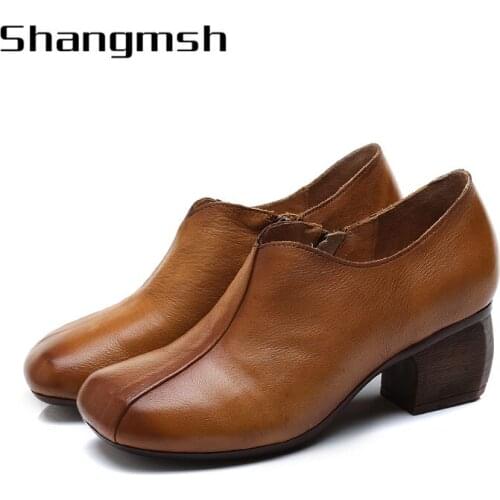 Woman Mid Heels Shoes Casual flowers Pumps Black Brown Genuine Leather Pump 2020 Spring Shoe For Women 19651