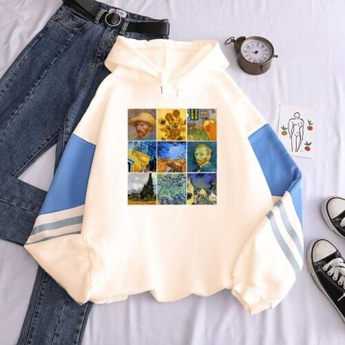 New Autumn Winter Fleece Van Gogh Oil Painting Pullover Thick Loose Women Hoodies Hot Harajuku Contrast Color Sweatshirt Female