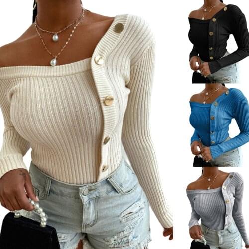 Womans Fashionable Sexy Knitted Ribbed Top Solid Color Long Sleeve Strapless Button Decoration Sweater Thin Section Daily Life