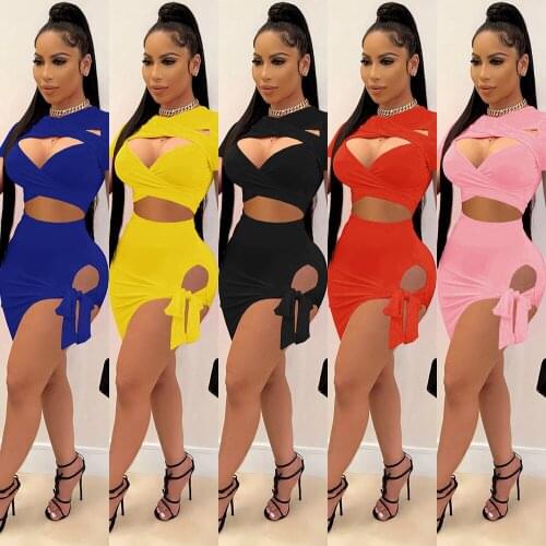 Summer Streetwear Bodycon 2 Two Piece Set Women Skirt Hollow Out Short Sleeve Crop Top Bandage Blue Pink Mini Skirts Suits