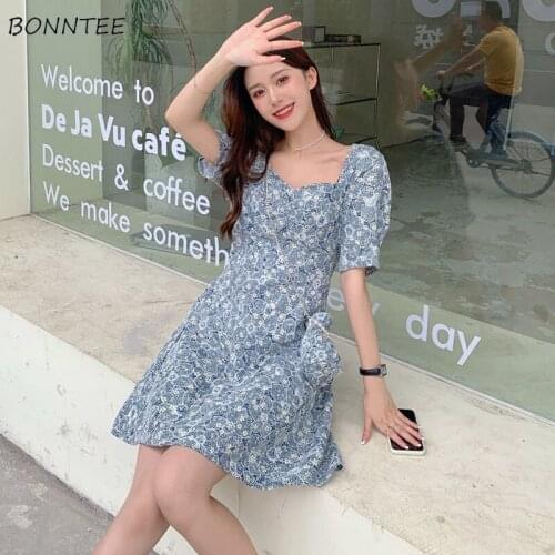 Dresses Women Print Bow Summer Ladies Mini Vestido Puff Sleeve Square Collar Elegant Cute Girls Simple Vocation All-match Soft
