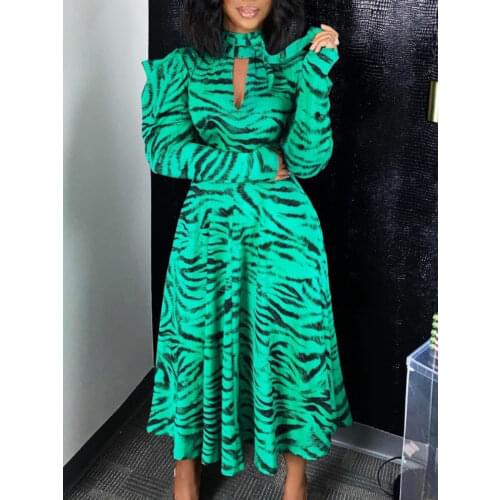 Women Printed A Line Dress High Waist Long Sleeves Slim Retro Elegant Office Ladies Vestidos Female Robe Autumn Winter 2021 New