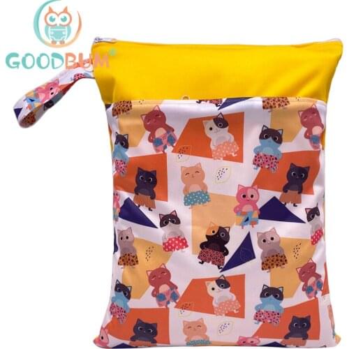 Goodbum PUL 2020 Baby Waterproof Cloth Bag 1PC Double Pocket Zippers Print Reusable Baby Nappy Wet Bag