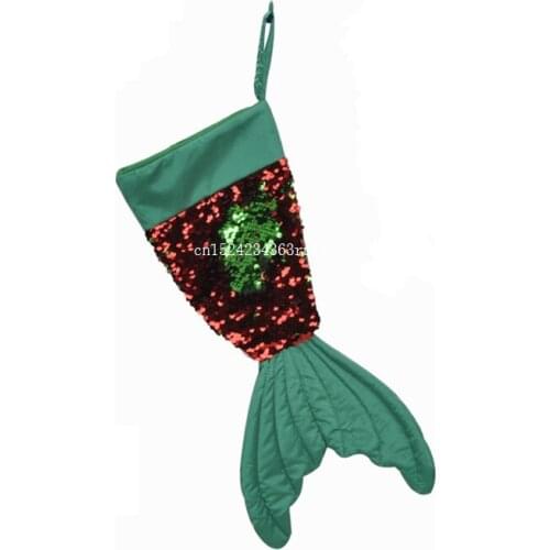 100pcs 16Inch Green/Red Sequin Mermaid Tail Christmas Stockings Socks Gift Bag Mermaid Tail Gift Holders For Kids Tree Ornaments