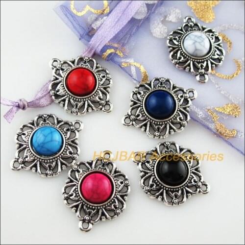 12Pcs Tibetan Silver Flower Mixed Stone Charms Pendant Connectors 21.5x28mm