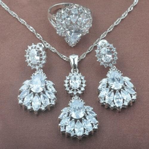 AAA Quality White Zircon Womens Silver Color Jewelry Sets Necklace Pendant Earrings Ring TZ0478