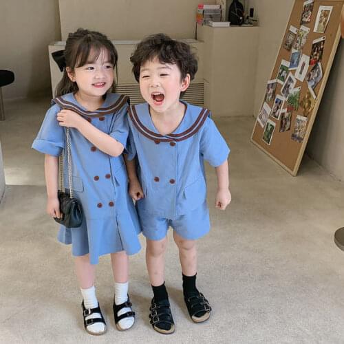 Sister Brother Matching Clothes Set Sailor Summer 2021 Toddler Girls Dress Short Sleeve Kids Boys Clothes Set Navy Costume 1-9Y