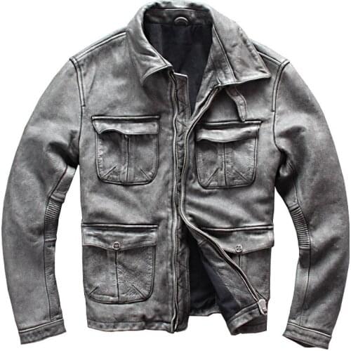 Leather motorcycle jacket mens retro tooling multi-pocket slim motorcycle suit motorcycle jacket motorbike jacket