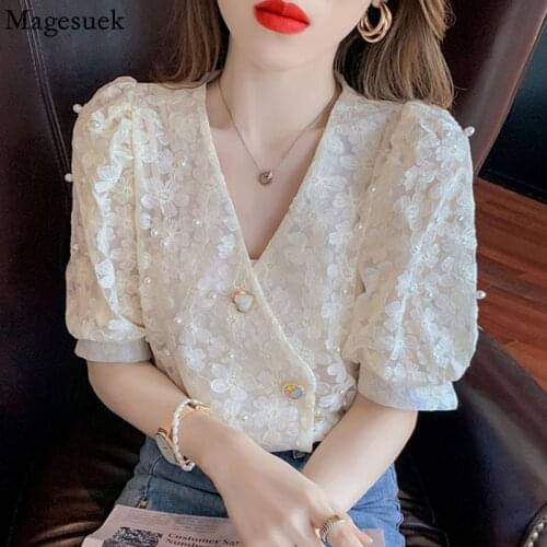 New Beading Puff Short Sleeve Womens Shirt Fashion 2021 Buttons Hook Flower Hollow Top V-neck Summer Lace Blouses Blusas 15134