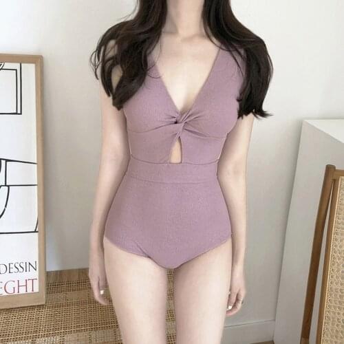 Korean High Waist Solid Swimsuit Women Female Vintage Sports One-piece Bikini Hollow Thin Hot Swim Suit Swimwear Vikinis Teen