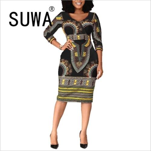 African Vintage Print Women Pencil Dress Summer Autumn Sexy Club Party Bodycon Dress Vestidos