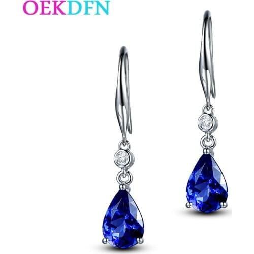 OEKDFN Luxury 925 Sterling Silver Earrings Royal Blue Sapphire Gemstone White Gold Drop Dangle Hook Earrings Fine Jewelry Gift