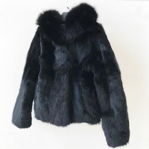 Hooded Female Warm Spring Winter New Top Brand Full Pelt Rabbit Fur Jacket Vintage Natural Fox Fur Collar Coat sr454