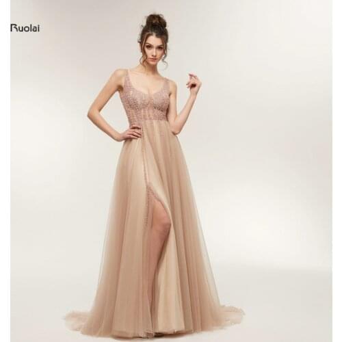 Stunning Evening Dresses Long 2018 V Neck Heavy Beads Evening Gowns For Women Formal Party Dresses Front Slit Vestido de Festa