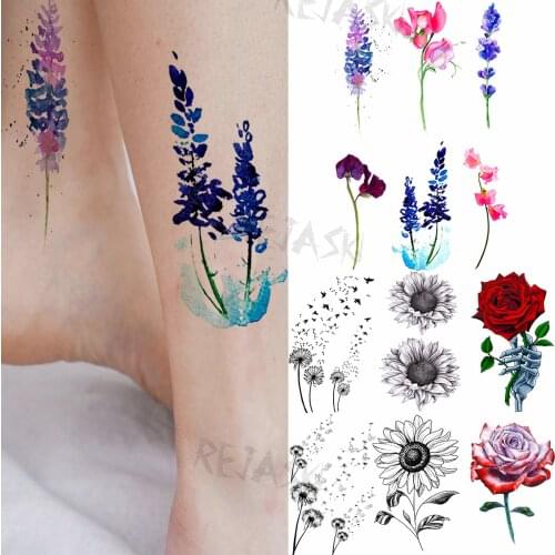Small Lavender Hyacinth Temporary Tattoos For Women Adult Dandelion Rose Realistic Fake Tattoo Sticker Foot Water Transfer Tatoo