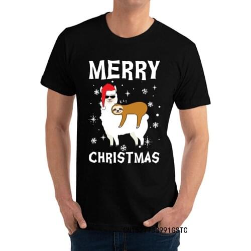 Funky Men Tops Shirts LlamaSloth Xmas Normal T Shirts Premium Cotton Short Sleeve Printing Tee-Shirts Camisa Streetwear