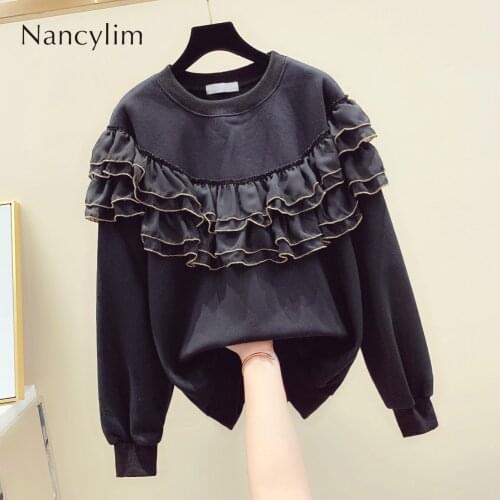 2019 Autumn Winter New Korean Long Sleeve Lotus Leaf Stitching Hoodie Women Loose Leisure Overcoat Student Sweatshirt Pull Femme