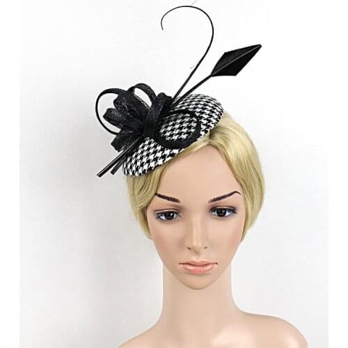 Flower Black White Grid Hair Fascinator For Women Satin Bow Feather Ribbon Mini Top Hat Hair Clip Hairband Ladies Banquet