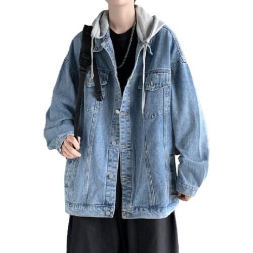 2021 New Denim Jacket Mens Fashion Streetwear Hip Hop Hooded Jeans Jackets Man Casual Loose Outerwear Denim Coats Mens Jackets