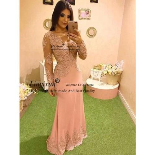2021 Blush Pink Evening Dresses Wear Sexy V Neck Illusion Lace Appliques Crystal Beads Mermaid Long Sleeves Formal Prom Dress
