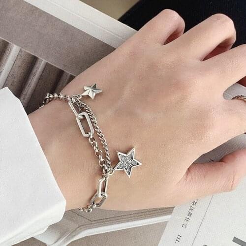 925 Sterling Silver Charm Bracelet &Bangle for Women Vintage Simple Stars Zircon Party Jewelry sl275