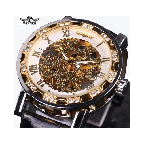 Luxury Winner Brand Leather Mechanical Clocks Mens Watches Waterproof Skeleton Business Men Clock Sport Military Male Wristwatch