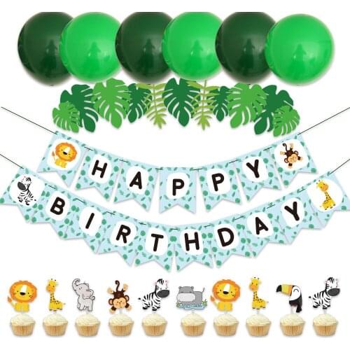Jungle Kids Party Birthday Decorations Set Happy Birthday Banner with Palm Leaves Green Latex Balloons and Safari Forest Animal