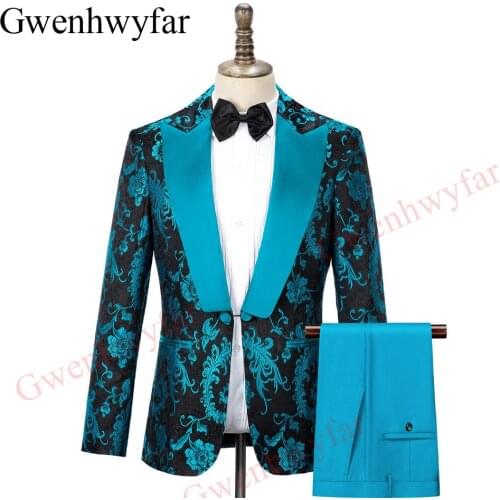 Gwenhwyfar Lake Blue Peony Embroidery Blazer Suits Unique Buttons Design Groomsmen Wedding Jacket Pants Young Men Banquet Wear
