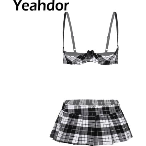 2Pcs Womens Erotic Lingerie Set School Girl Cosplay Costume Outfit Adjustable Spaghetti Straps Open Cup Bra Top with Mini Skirt