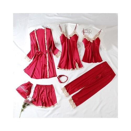 Daeyard Fashion Womens 7 Pieces Pajamas Sets Silk Embroideryed Pajamas Women Sexy Lace Sleepwear Sets Spring Summer Homewear