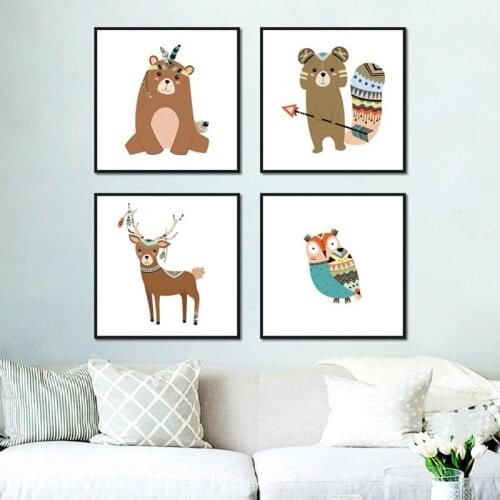 Cartoon Animal Cute Lovely Canvas Paintings White Background Deer Bear Owl Hanging Wall Art for Living room baby kids Room