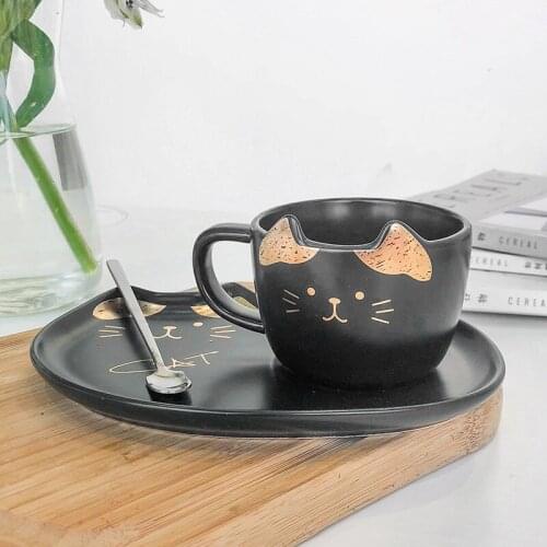 Cute cat coffee mug and saucer set with tray for office and home use