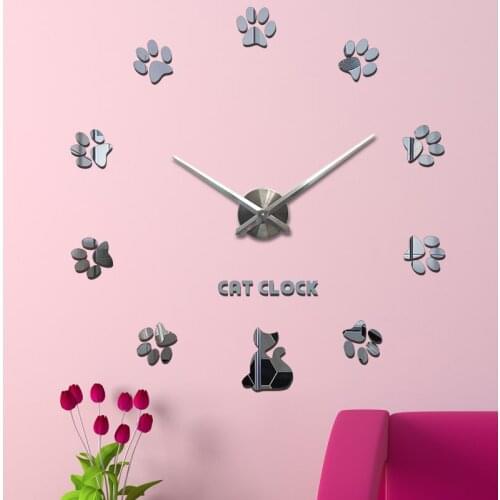 Cat Wall Clock 3D Metal & EVA Foam & Mirrors Acrylic Stickers ,Large Digital Mirror Wall Clock Silent Clock ,DIY Modern Design