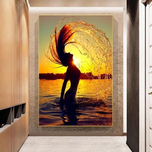 Golden Liquid Black Nude Woman Canvas Painting Wash Hair Cuadros Posters and Prints Scandinavian Wall Pictures for Living Room