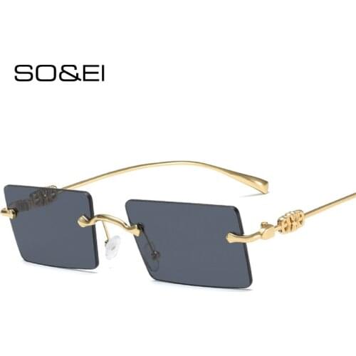 SO&EI Fashion Rimless Women Sunglasses Vintage Rectangle Clear Ocean Lens Eyewear Retro Brand Designer Sun Glasses Men UV400